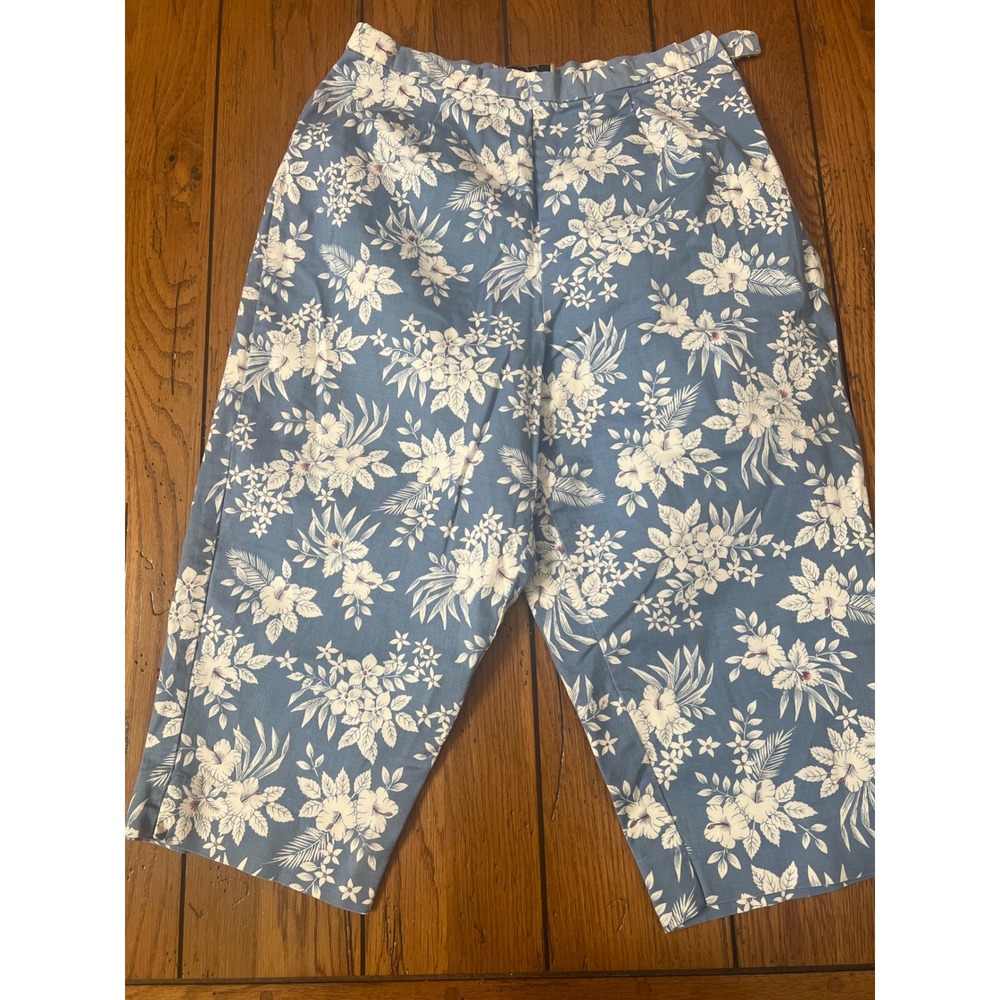 Sarah B Studio Blue White Floral Capri Pants Tropical Hibiscus Crop Trousers 10